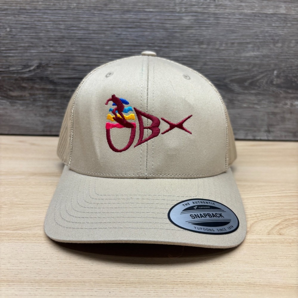 Outer Banks OBX Hat Cap Snap Back Beige Trucker Mesh North Carolina NC Surf Logo
